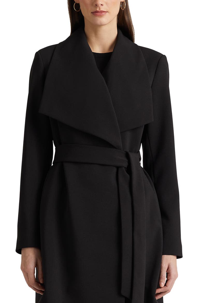 Drape Lapel Crepe Belted Coat, Alternate, color, BLACK