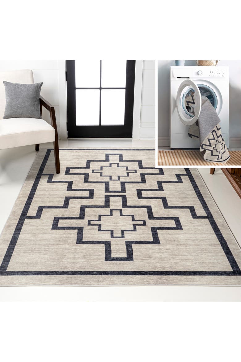 Ashkii Minimalist Medallion Machine-Washable Area Rug, Main, color, Ivory/Dark Gray