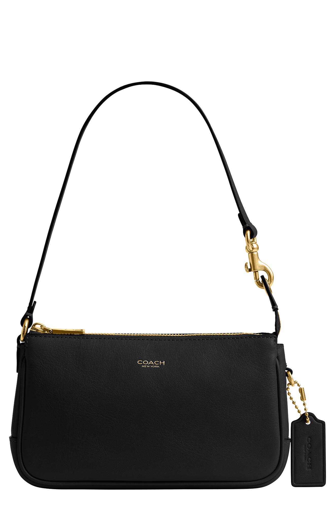 COACH Plaza 18 Natural Grain Leather Shoulder Bag, Main, color, Black