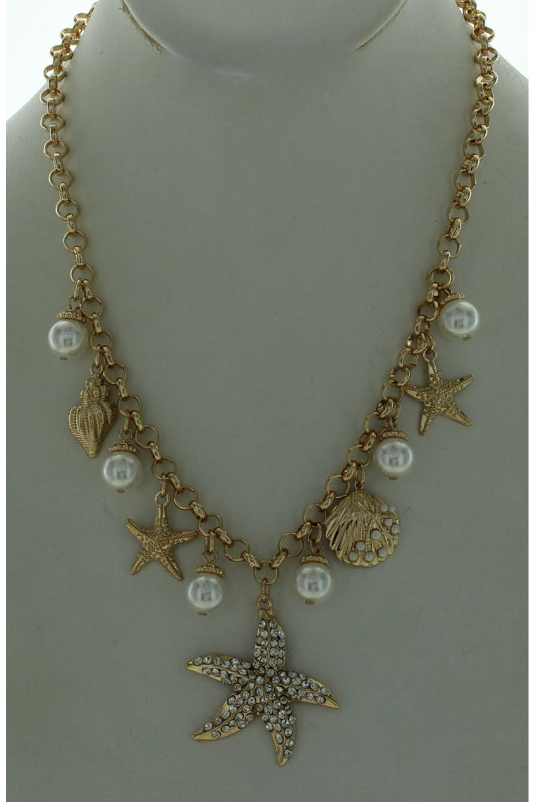 Crystal & Faux Pearl Starfish Charm Necklace, Alternate, color, GOLD / WHITE