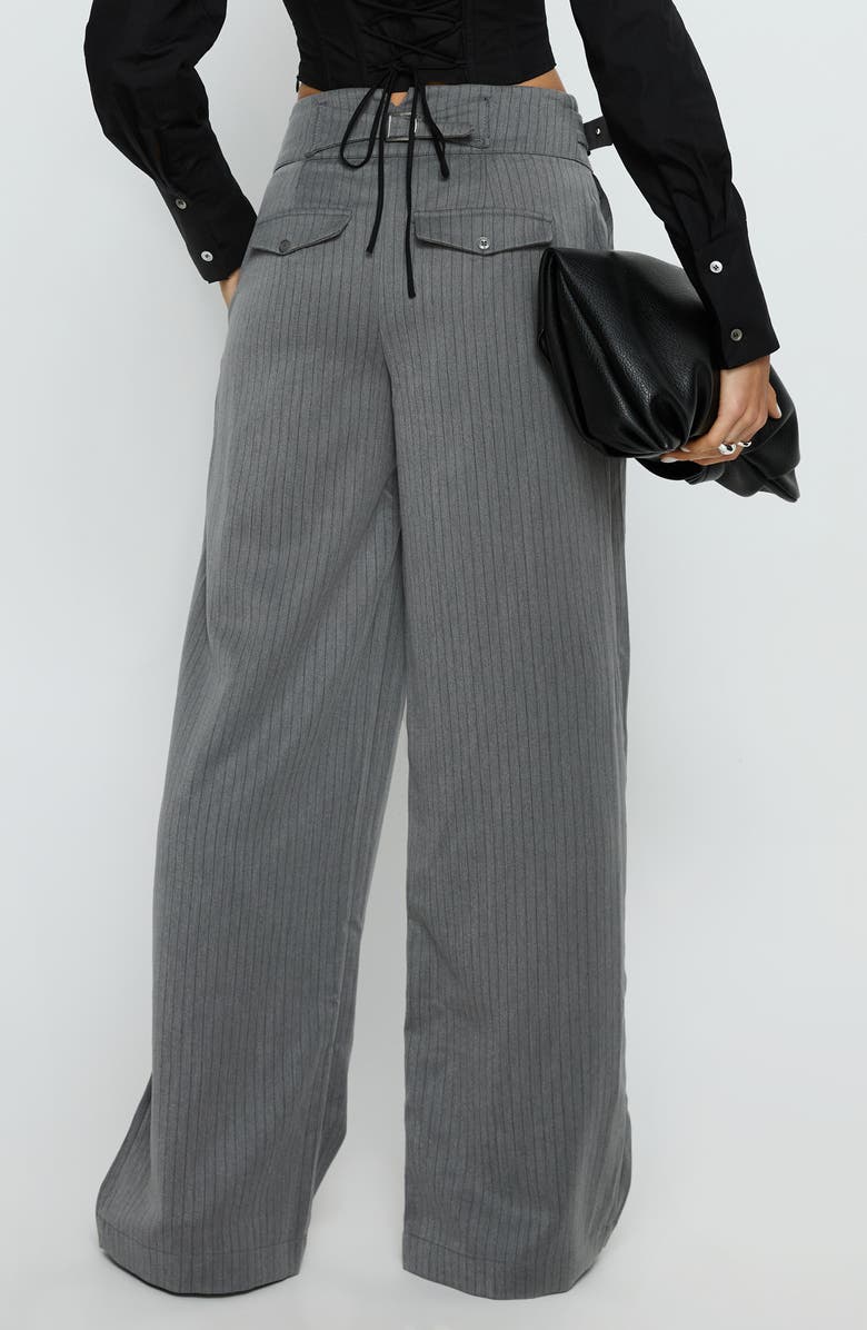 Princess Polly Jinny Pinstripe Buckle Waist Wide Leg Pants, Alternate, color, Grey Pinstripe