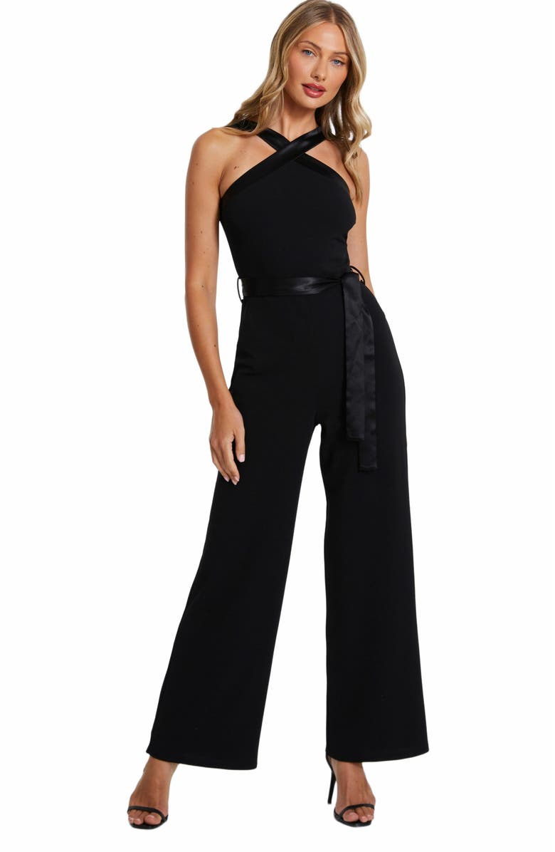 QUIZ Scuba Crepe Halter Jumpsuit with Satin Trim, Main, color, 