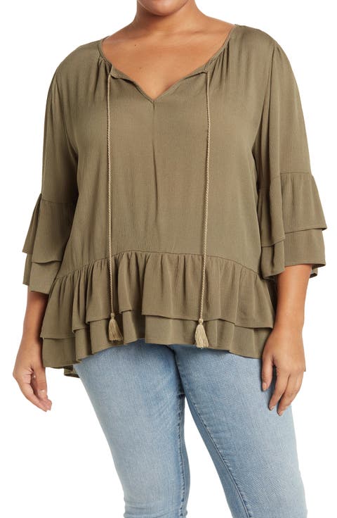 Tie Front Ruffle Waist Tunic (Plus)
