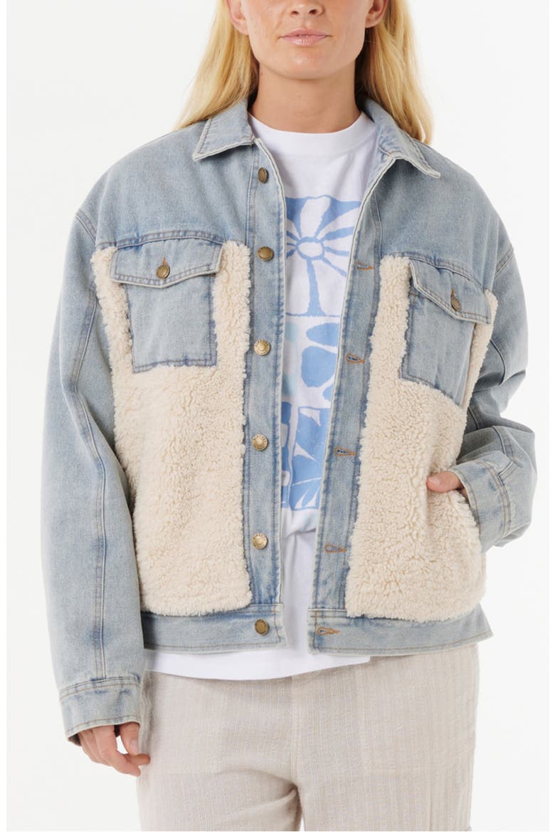 Cruisin Fleece Trim Denim Jacket, Main, color, WASHED BLUE