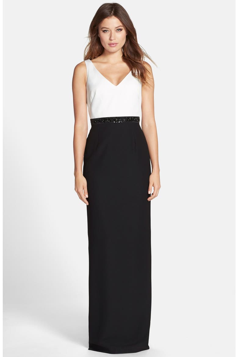 Embellished Colorblock Crepe Gown with Bolero, Alternate, color, BLACK/ IVORY