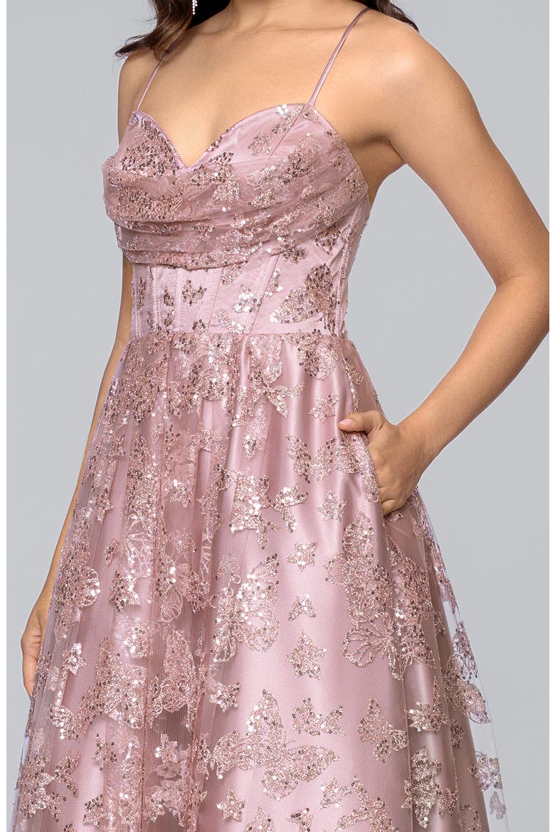 Butterfly Motif Sequin Ballgown, Alternate, color, ROSE