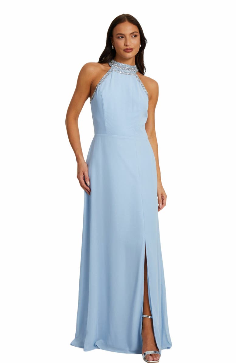 QUIZ Embellished Halter Neck Chiffon Maxi Dress, Main, color, Light Blue