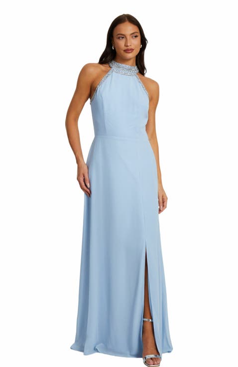Embellished Halter Neck Chiffon Maxi Dress