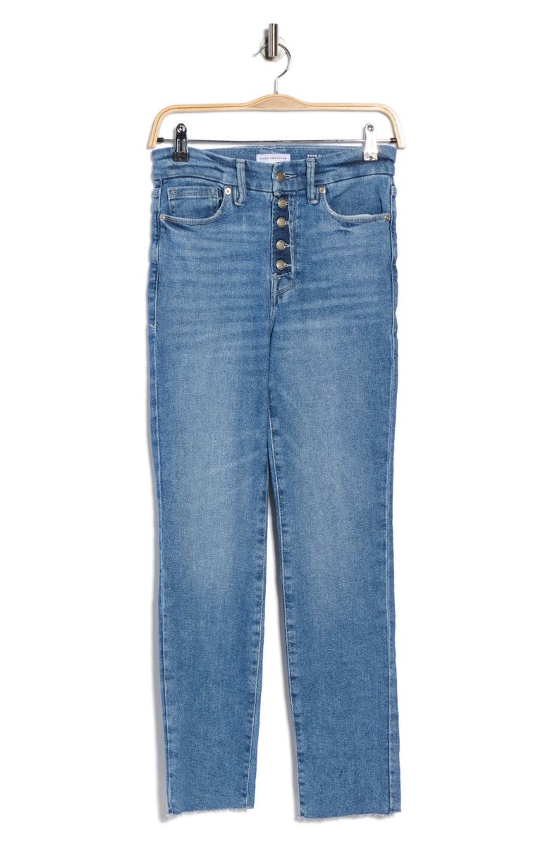 Good American Good Classic Exposed Button Raw Hem Ankle Straight Leg Jeans, Alternate, color, 