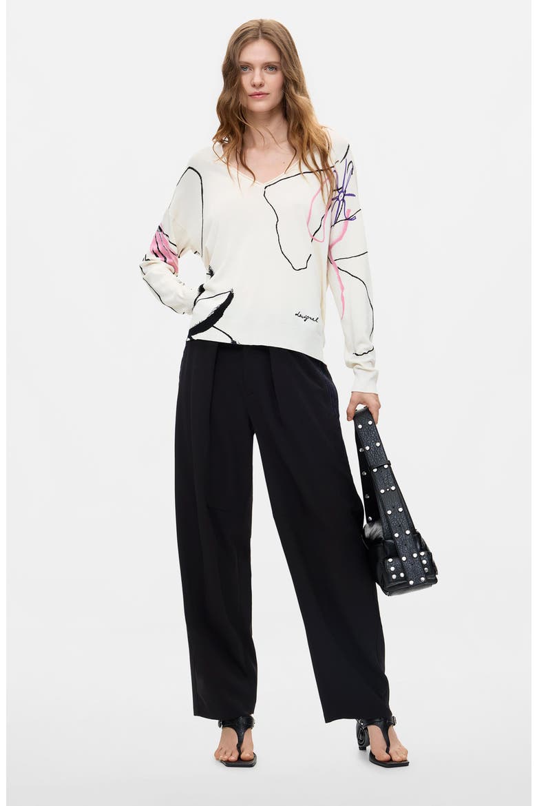 Floral V-Neck Sweater, Alternate, color, WHITE