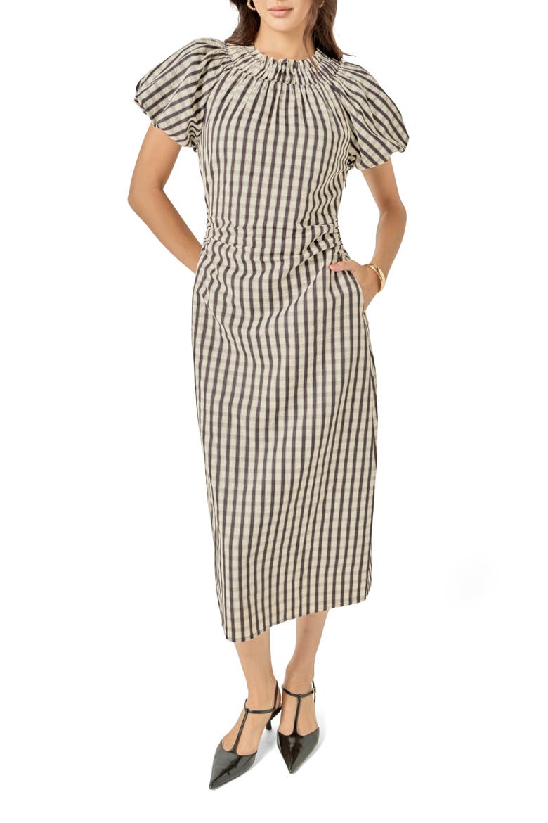 Smocked Neck Gingham Midi Dress, Main, color, BLACK MULTI