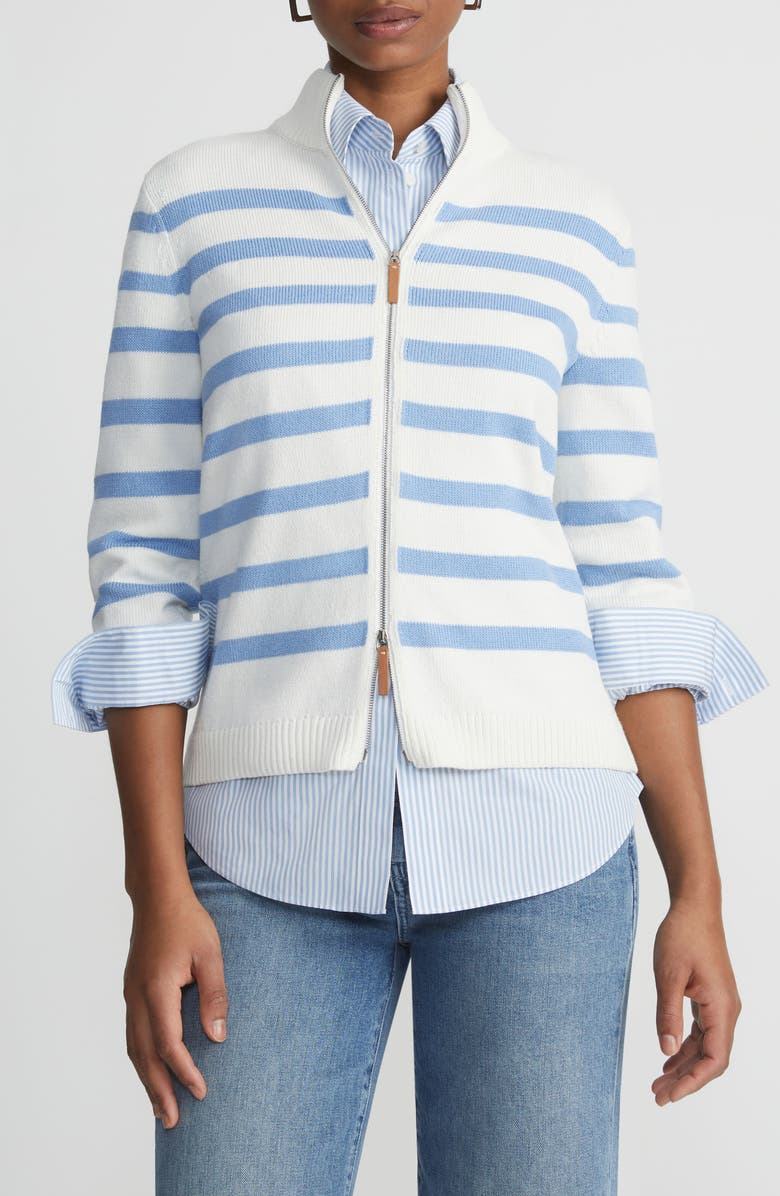 Lafayette 148 New York Stripe Cotton & Silk Zip Cardigan, Main, color, Deep Blue Oasis Multi