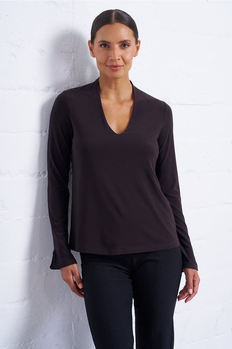 Luxe Stretch Long Sleeve V-Neck Top, Main, color, Espresso