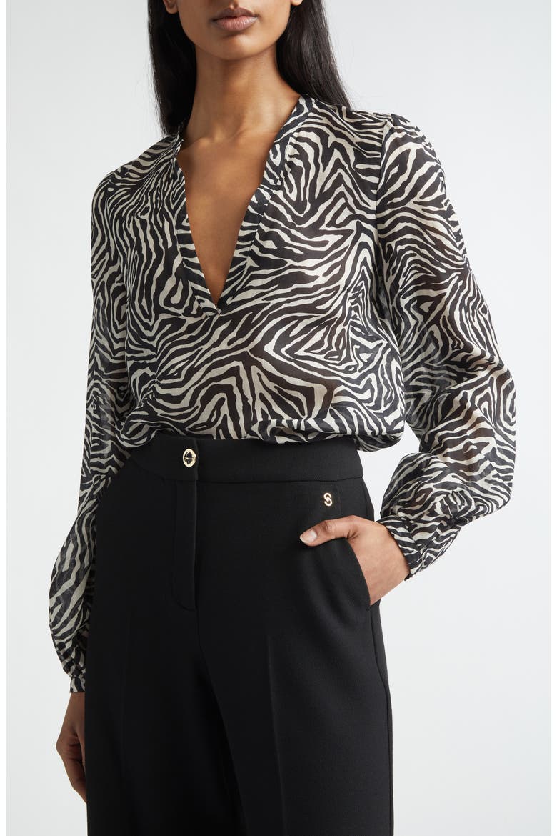 Kathleen Zebra Print Voile V-Neck Tunic, Alternate, color, BLACK/ LINEN