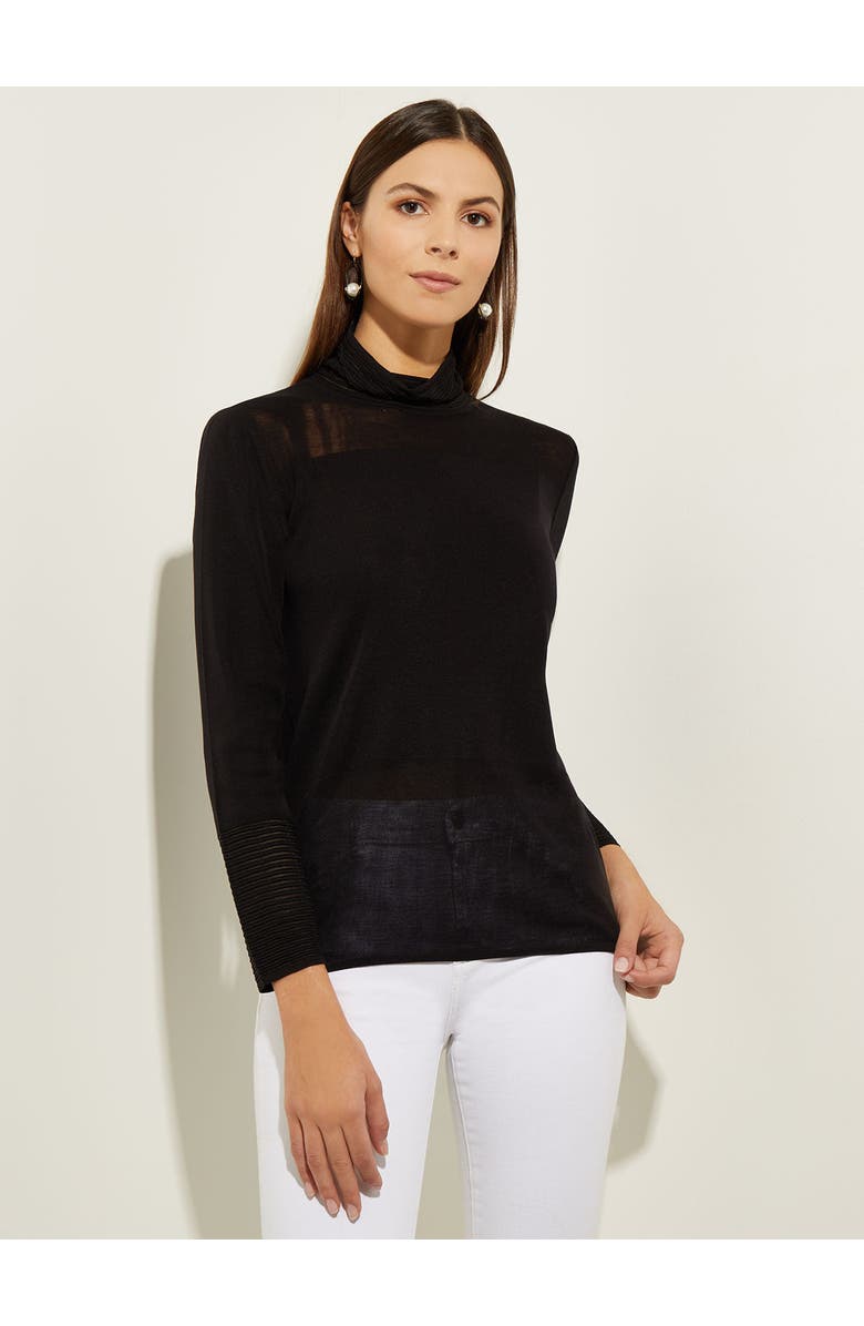 Misook Sheer Inset Turtleneck, Main, color, Black
