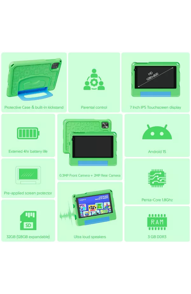 CONTIXO 7" Android 15 Tablet with Kids Stand Case, Alternate, color, Green