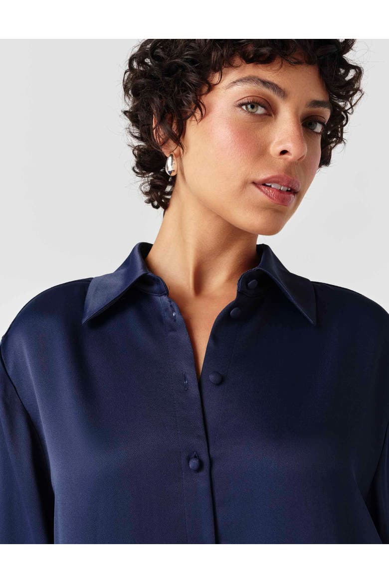 Esther Collared Satin Shirt, Alternate, color, Navy