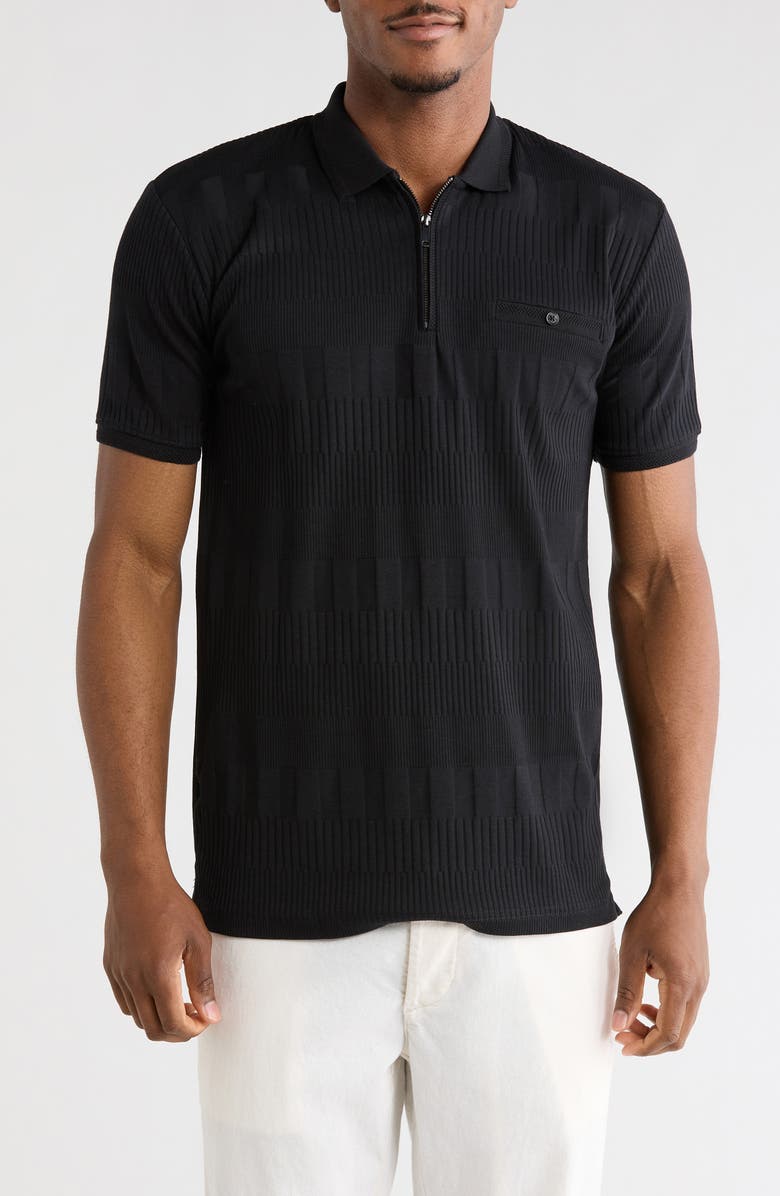 DENIM AND FLOWER Ribbed Quarter Zip Polo, Main, color, Black