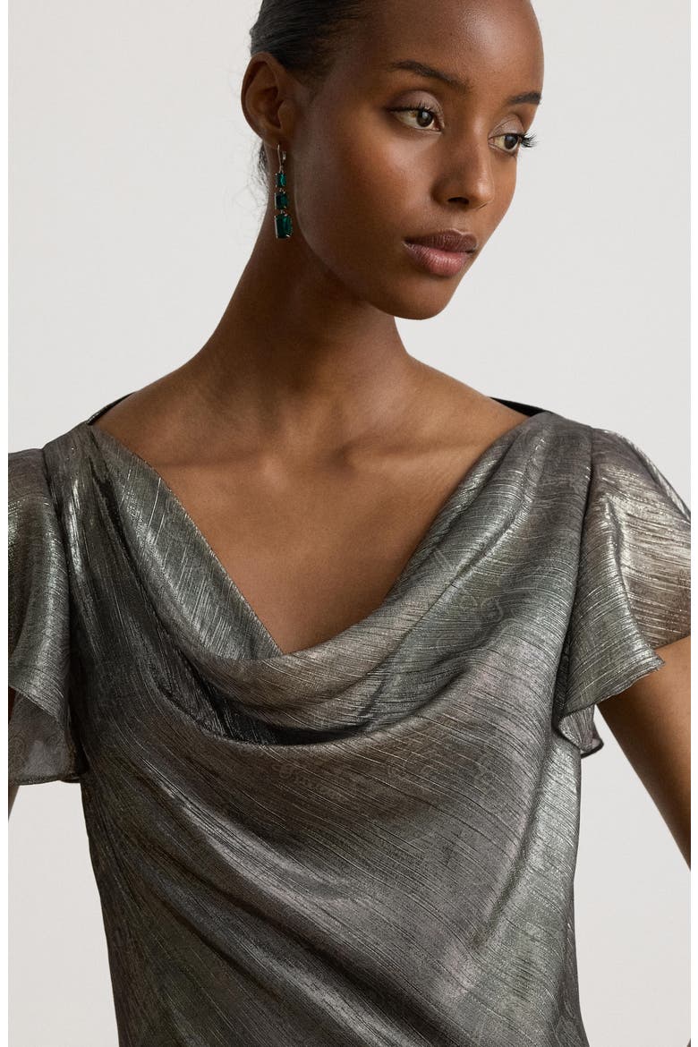 Paisley Metallic Ruffle Trim Gown, Alternate, color, GREY MULTI