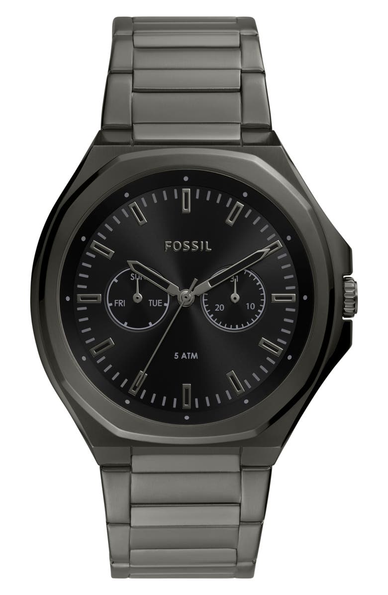 Fossil Evanston Three-Hand Quartz Bracelet Watch, 45mm, Main, color, Gunmetal