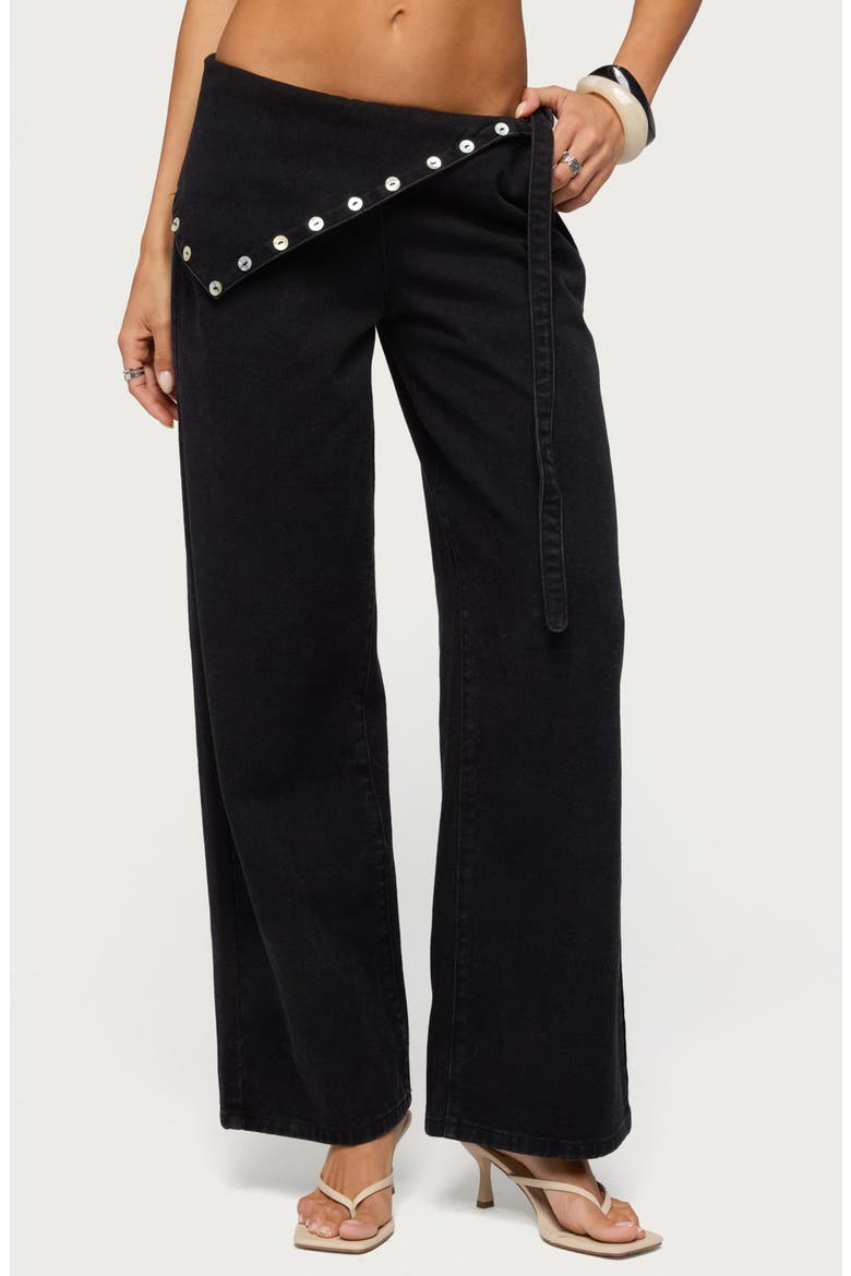 Button Foldover Low Rise Wide Leg Jeans, Main, color, DENIM-BLACK