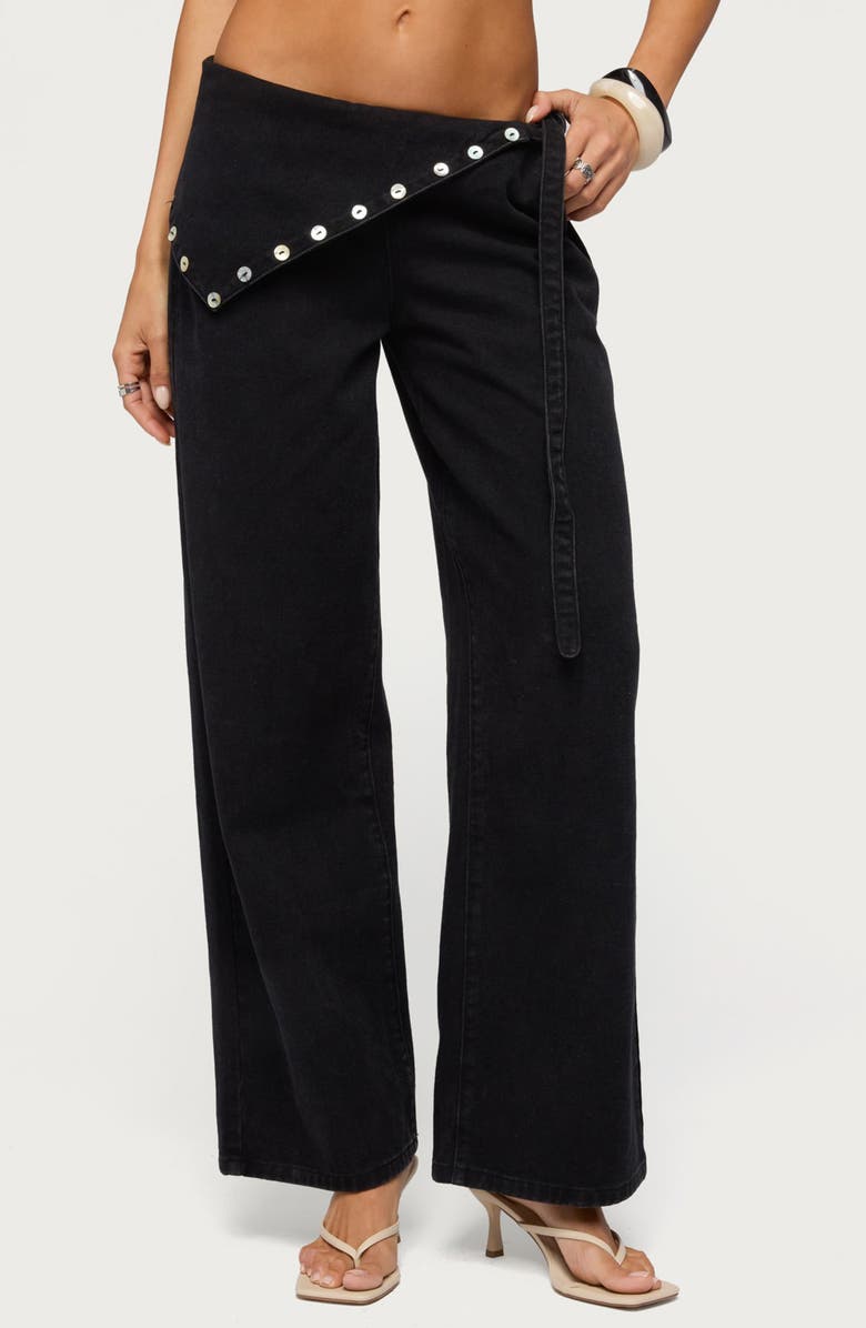 EDIKTED Button Foldover Low Rise Wide Leg Jeans, Main, color, Denim-Black