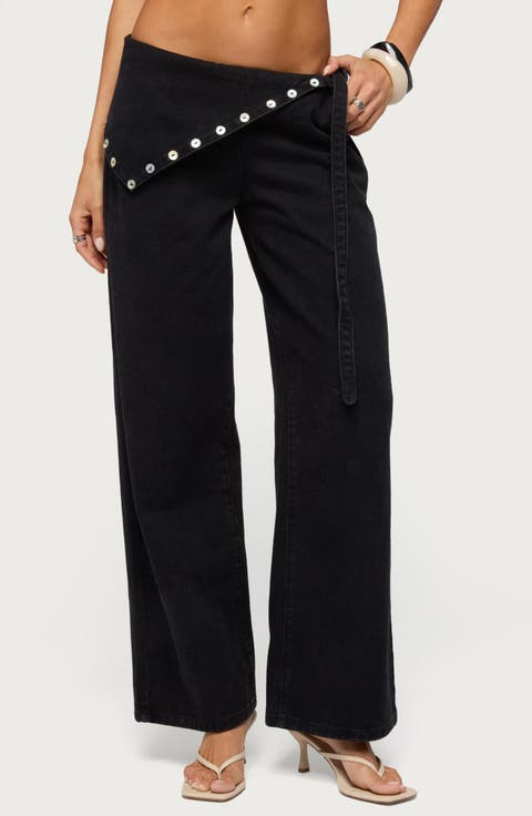 Button Foldover Low Rise Wide Leg Jeans