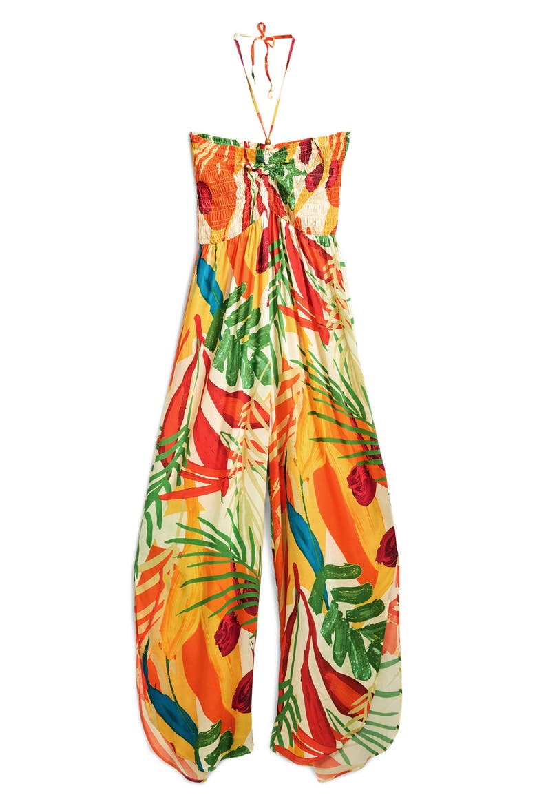 Tropical Print Halter Cover-Up Jumpsuit, Alternate, color, LIGHT BEIGE