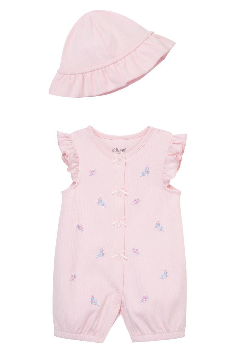 Rosebud Embroidered Cotton Romper & Hat Set, Main, color, PINK