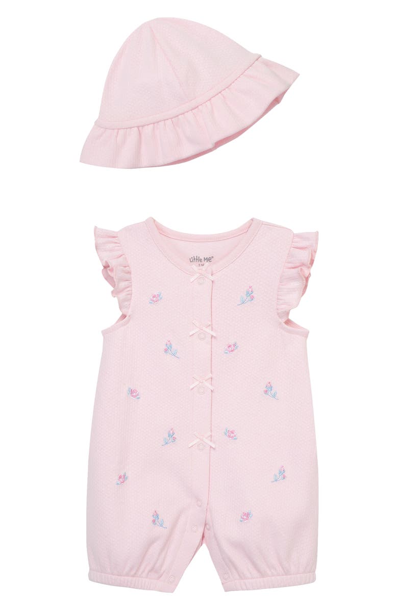 Little Me Rosebud Embroidered Cotton Romper & Hat Set, Main, color, Pink