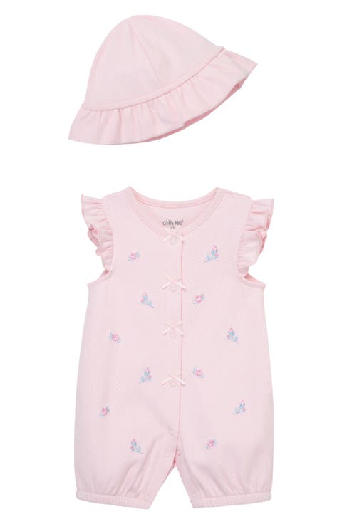 Rosebud Embroidered Cotton Romper & Hat Set (Baby)