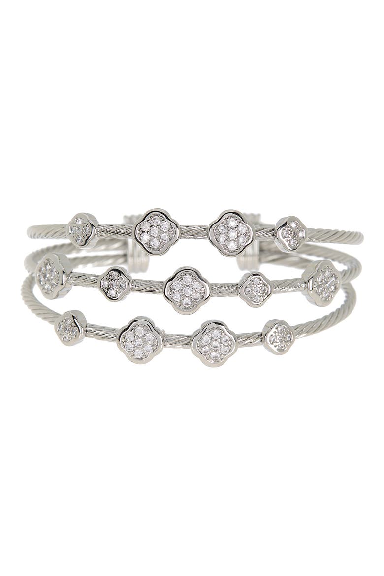 MESHMERISE Stainless Steel Pave CZ Station Twisted Triple Cable Bangle Bracelet, Main, color, WHITE