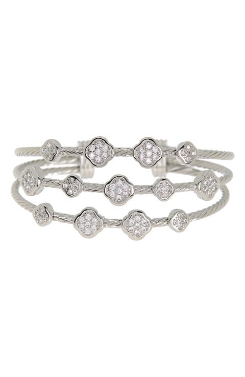 MESHMERISE Stainless Steel Pave CZ Station Twisted Triple Cable Bangle Bracelet