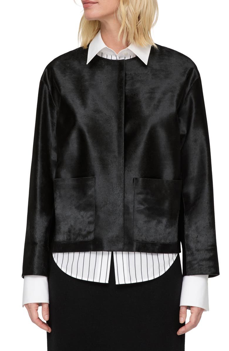 Lafayette 148 New York Collarless Patch Pocket Genuine Calf Hair Jacket, Main, color, Black