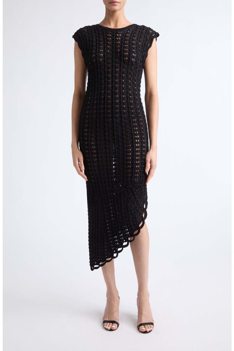 Malena Asymmetric Pointelle Sweater Dress, Main, color, BLACK