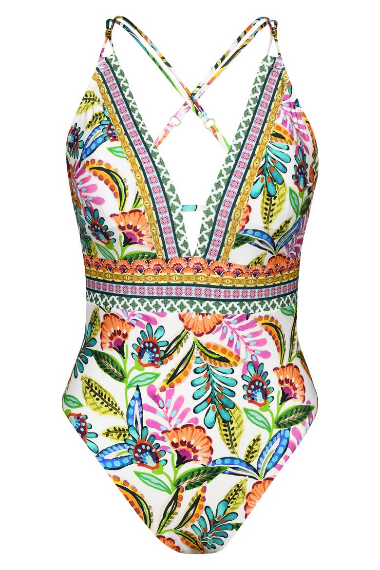 Jungle Plunge One-Piece Swimsuit, Alternate, color, WHITE MULTI