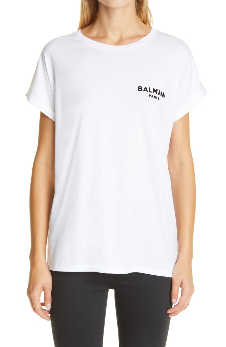 Balmain Flocked Logo Cotton T-Shirt, Main, color,