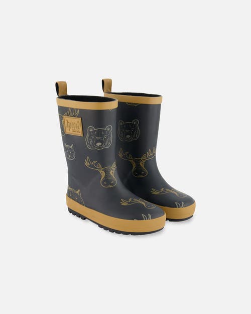 Deux Par Deux Boy's Printed Rain Boots Beige Animals On Black Background In Beige Animals On Black And
