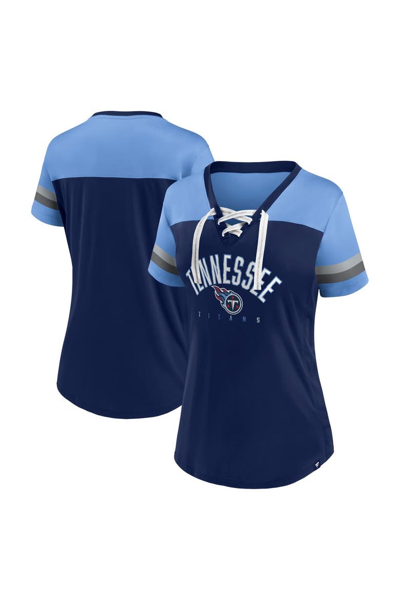 Women's Fanatics Branded Navy/Light Blue Tennessee Titans Blitz & Glam Lace-Up V-Neck Jersey T-Shirt, Main, color, Navy