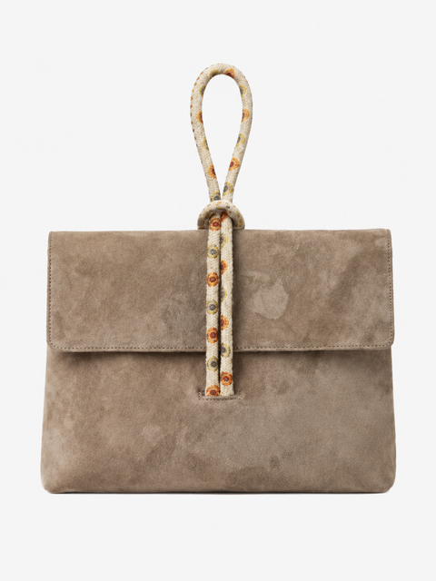 Marissa Suede Leather Top Handle Handbag with Suzani Knot Handle