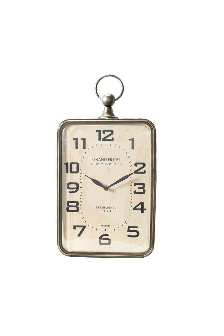Rectangle Metal Hanging Wall Clock with Handle, Antiqued Gold, Main, color, Gold