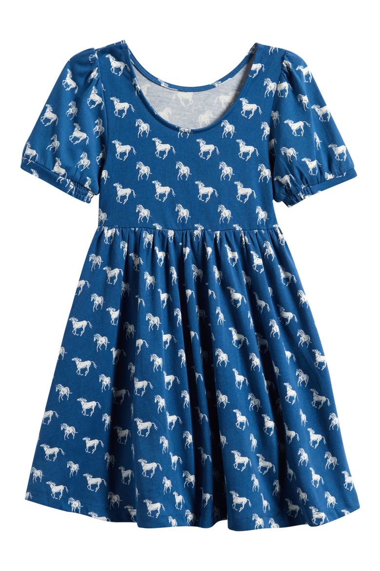 Print Jersey Ballerina Dress, Alternate, color, BLUE HORSES