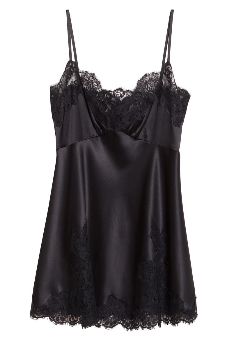 Lace Trim Stretch Satin Minidress, Alternate, color, NERO