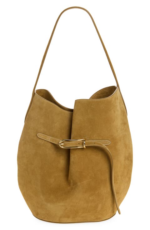 Large Belted Suede Bucket Bag