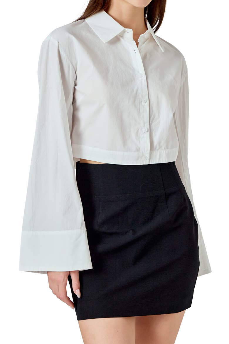 Flare Sleeve Cotton Crop Button-Up Shirt, Alternate, color, WHITE