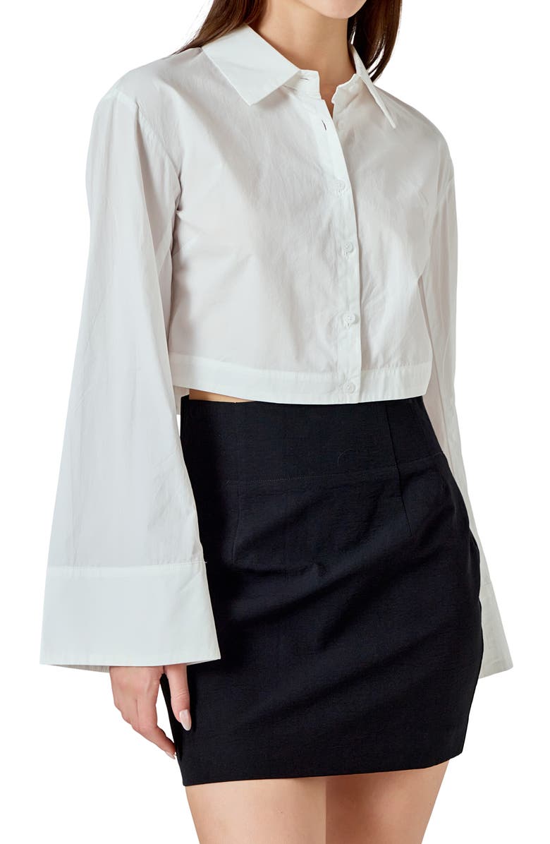 Endless Rose Flare Sleeve Cotton Crop Button-Up Shirt, Alternate, color, White