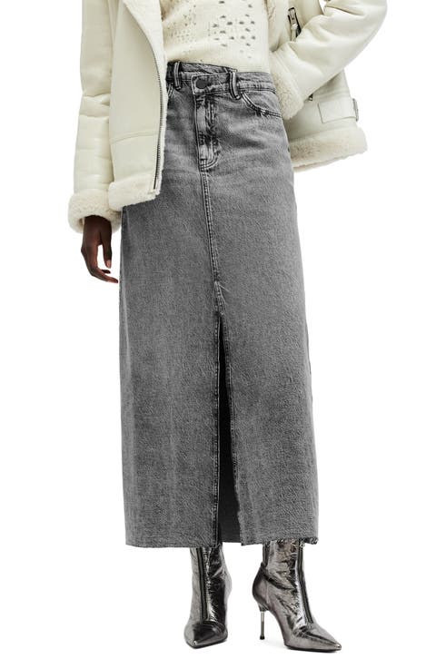 Noir Asymmetric Waist Denim Maxi Skirt