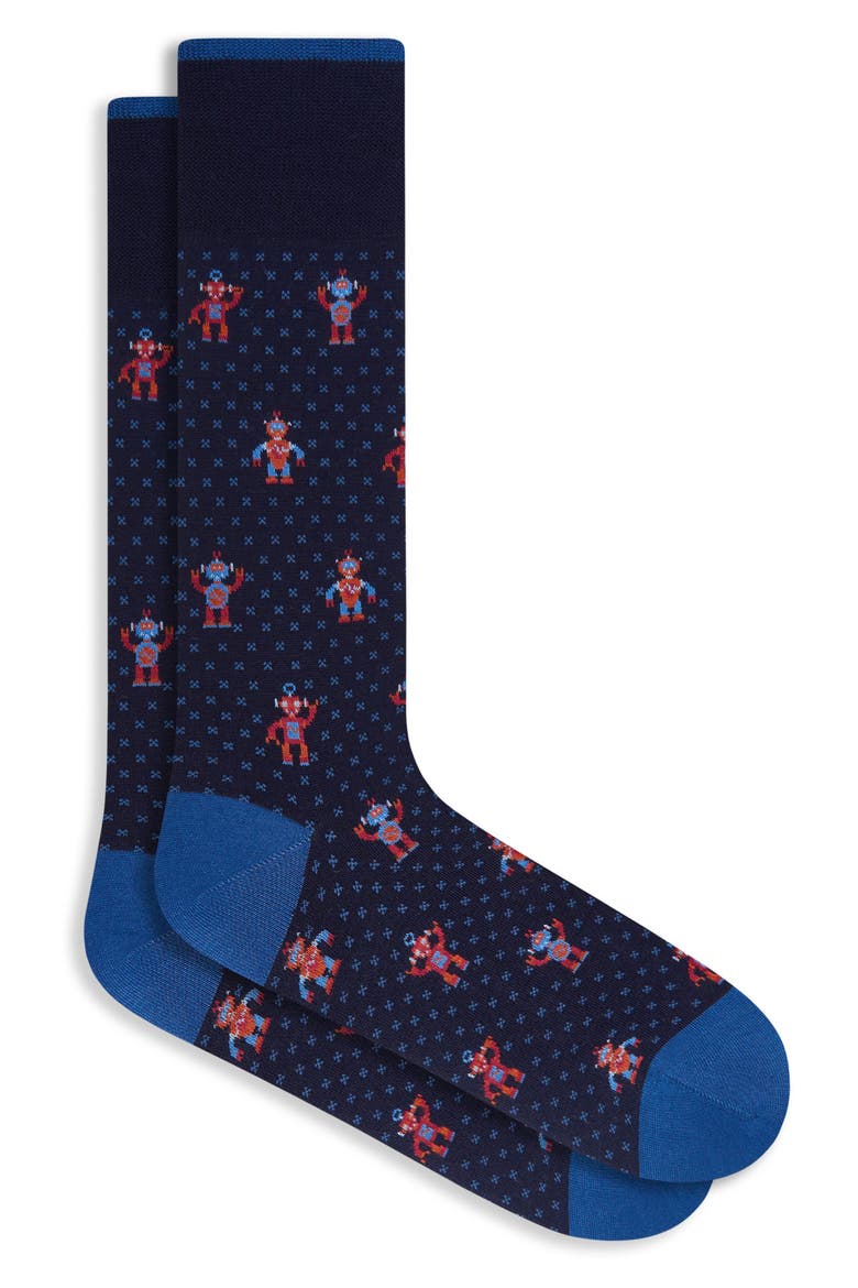 Robot Mercerized Cotton Blend Dress Socks, Main, color, NAVY