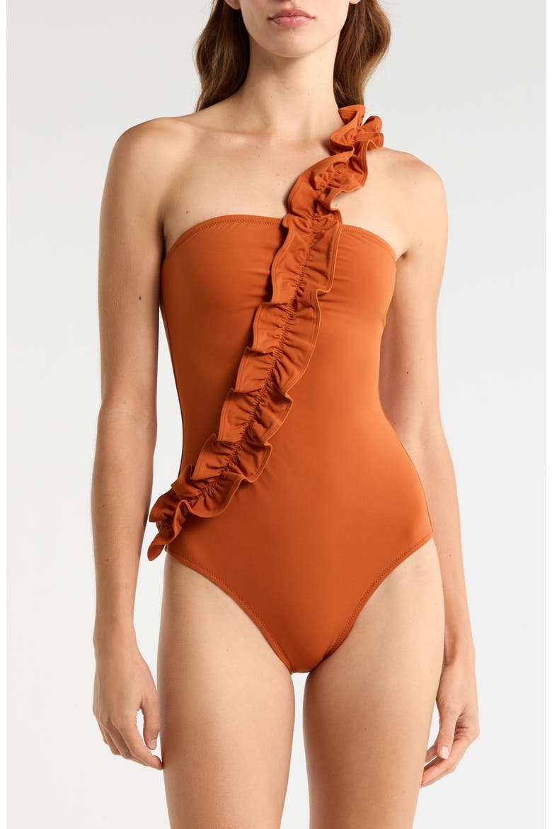 Capri One-Shoulder One-Piece Swimsuit, Main, color, SIENNA