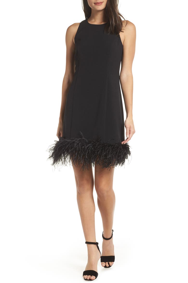 Feather Hem Sheath Dress, Main, color, BLACK